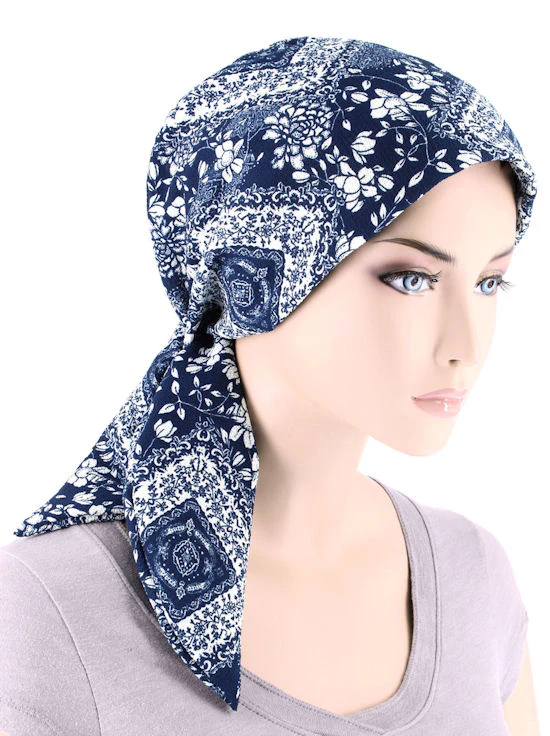 Chemo Fashion Scarf 1154 navy white floral patchwork.jpg