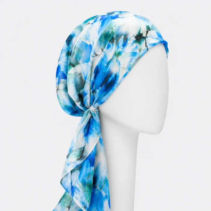 Sibelle Foulard Cancer Prenoue Chiffon Long Fleurs Bleues