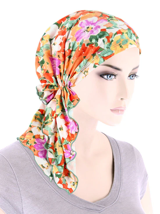 TheBellaScarfChemoTurbanHeadScarvesPre TiedBandanaforCancer866ORANGESAGEFLORAL.jpg
