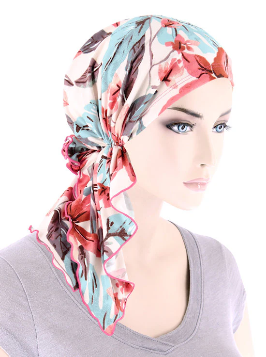 TheBellaScarfChemoTurbanHeadScarvesPre TiedBandanaforCancer883CREAMCORALTROPICALFLORAL.jpg