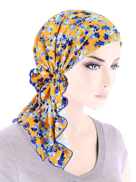 TheBellaScarfChemoTurbanHeadScarvesPre TiedBandanaforCancer897mustardbluepetitefloral.jpg