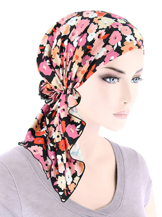 TheBellaScarfChemoTurbanHeadScarvesPre TiedBandanaforCancer899blackpinkmodfloral.jpg